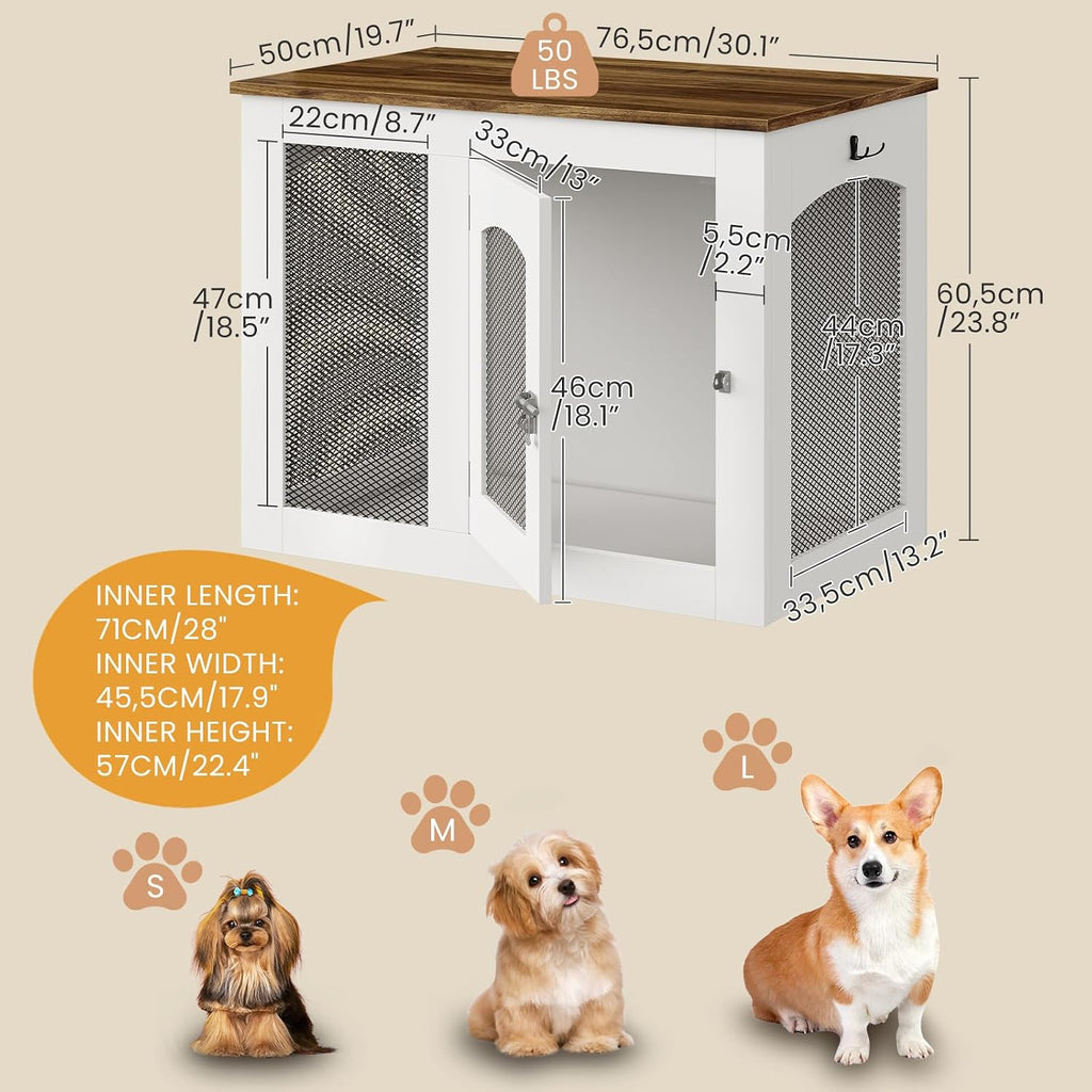 Wooden 30.1" Dog Crate Furniture, Farmhouse Pet Cage End Table with Secure Lock, Ventilated Mesh for Medium Dogs, Dog