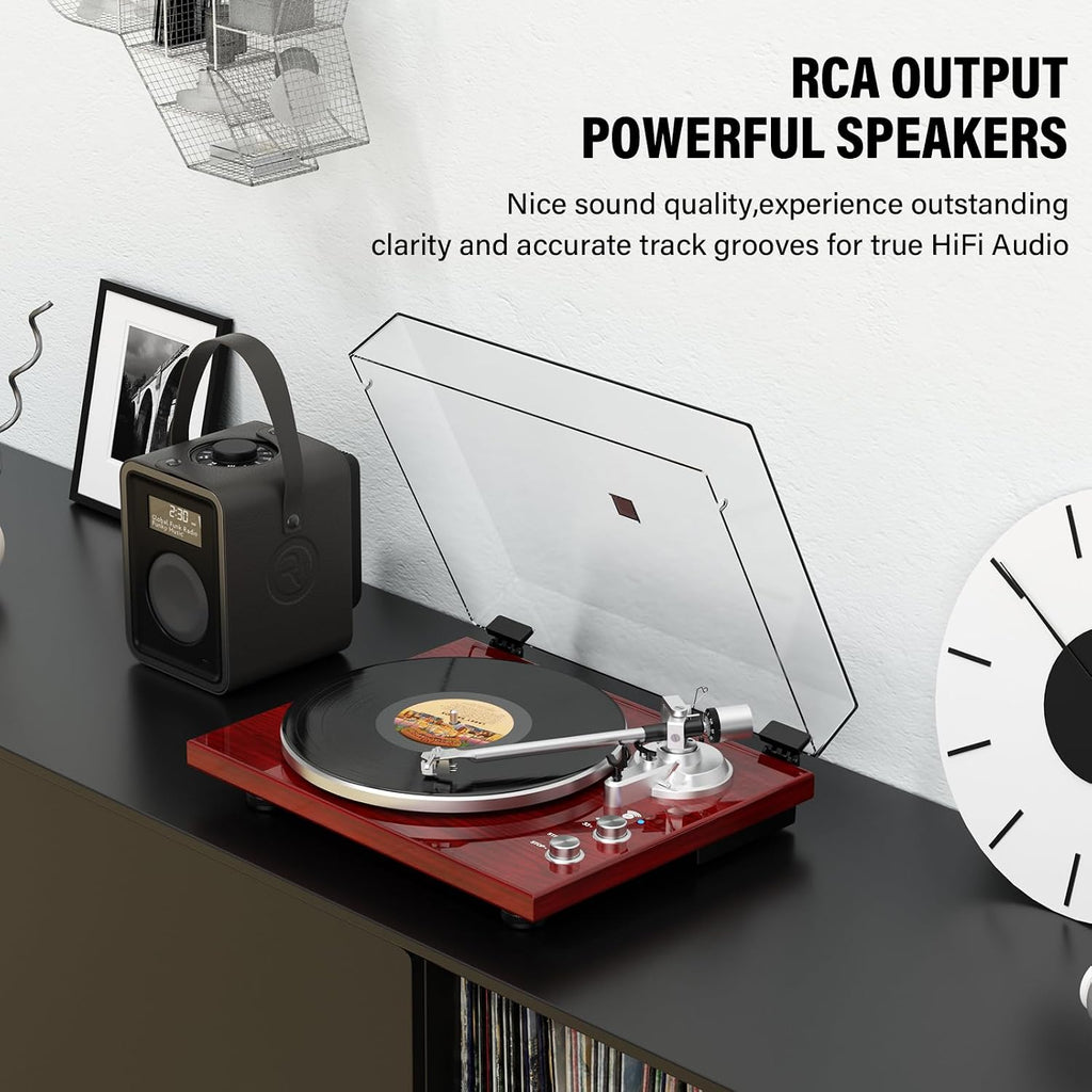 Belt Drive Turntable for Vinyl Record Player and Bluetooth Output(Red) | Built-in Phono Preamp,USB Digital