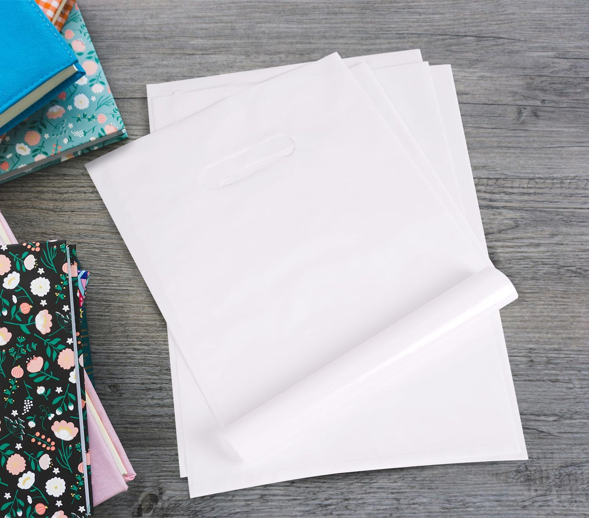 Plastic Shopping Bag for Small Business 15.8" Merchandise Bag Die Cut with Handle Store Retail - White