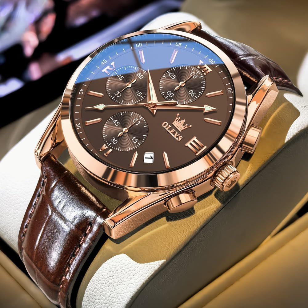 Men's Watches Brown Leather with Date,Casual Watches for Men,Large Face Watches Men,Chronograph Mens Watch,Sport