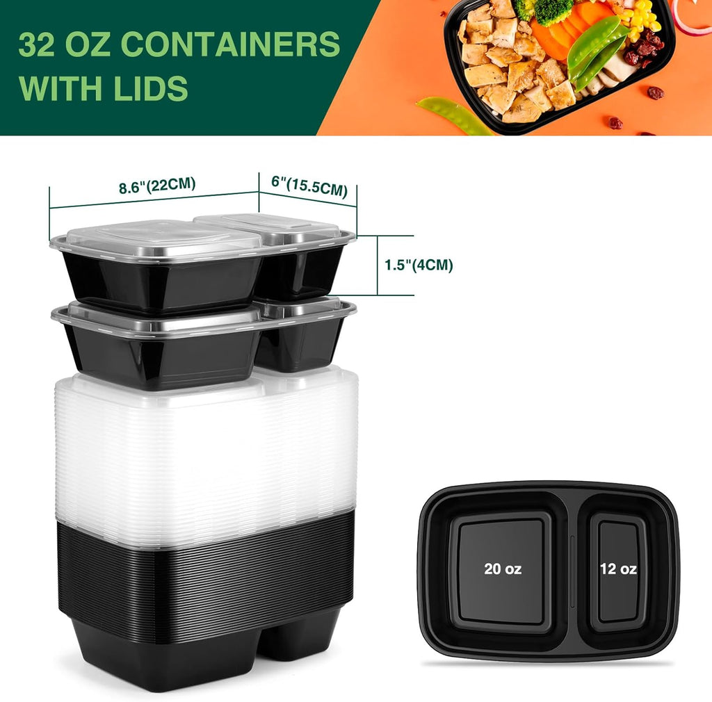 10 Pack 32 oz 2-Compartment Meal Prep Containers with Lids