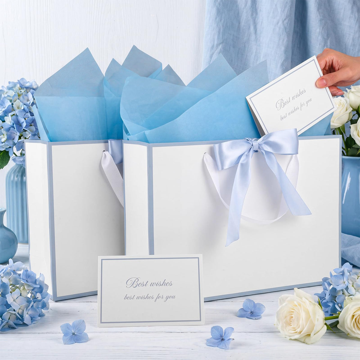 White Gift Bags with Handles, 14" Medium Gift Bag with Blue Edge
