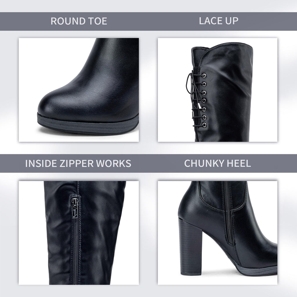 Women's Black PU Thigh High Chunky Platform Boots Size 8.5, 997