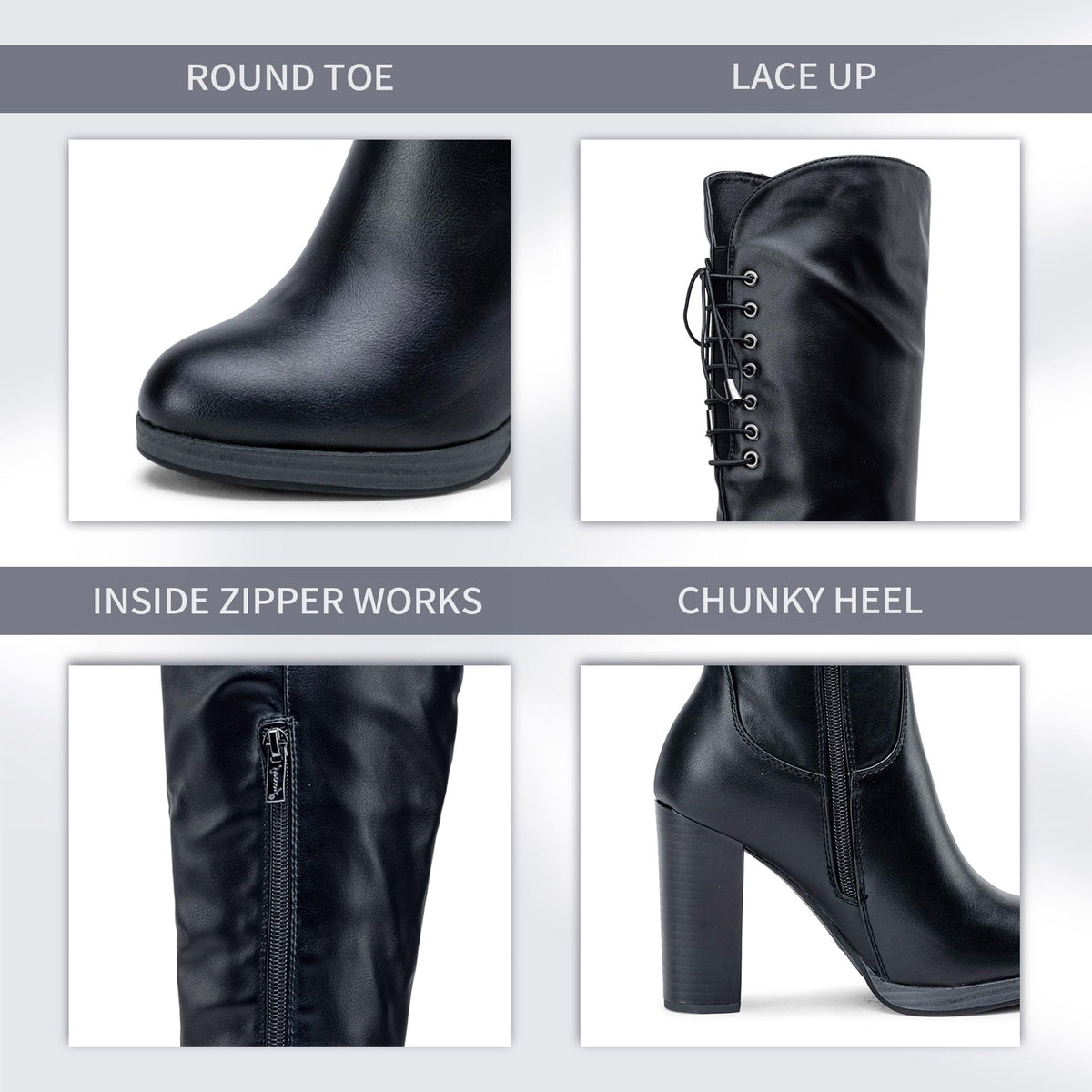 Women's Black PU Thigh High Chunky Platform Boots Size 8.5, 997