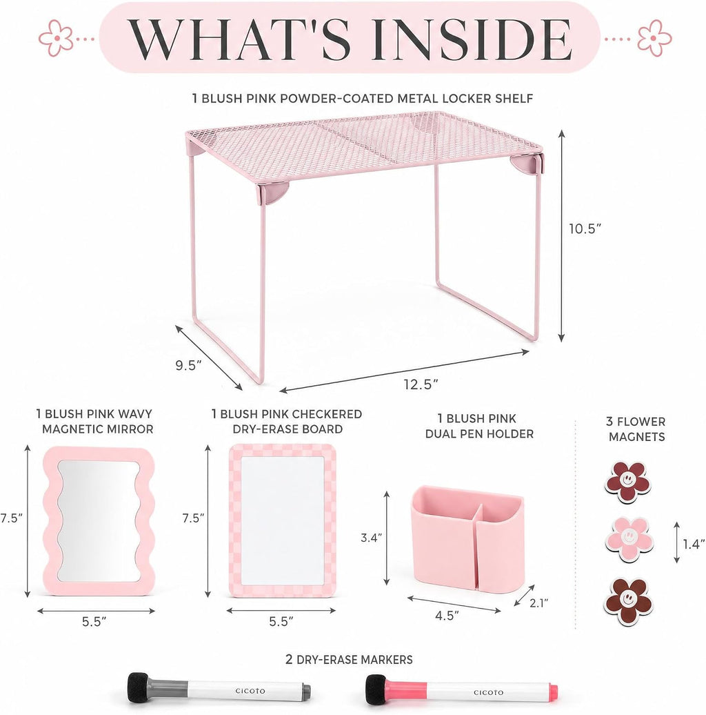 Stylish Locker Accessories Kit - Includes Shelf, Mirror, Whiteboard, Pen Holder, Cute Flower Magnets & Marker Set