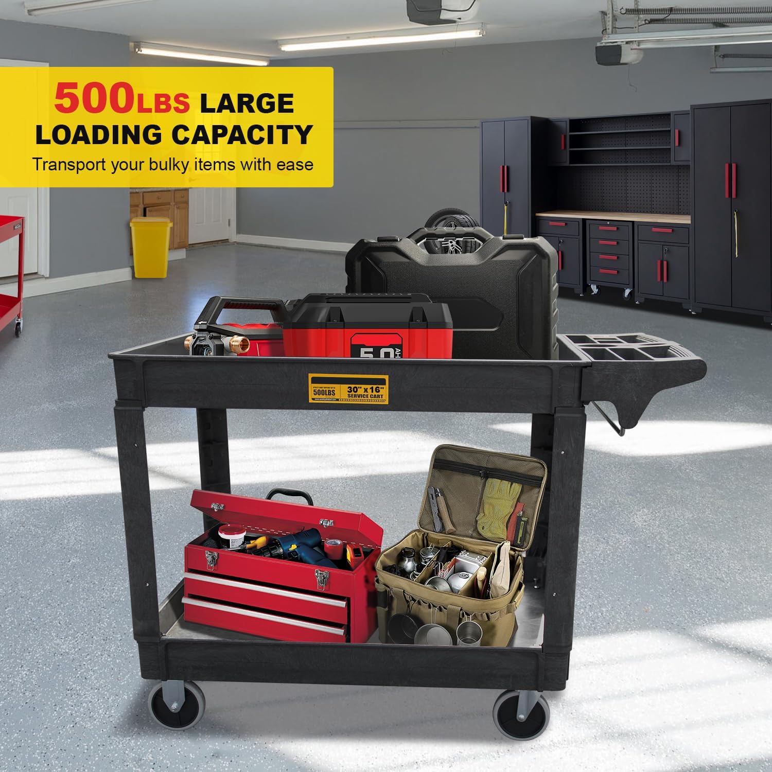 Utility Service Cart, 2-Shelf 500LBS Heavy Duty Plastic Rolling Utility Cart with 360° Swivel Wheels, Lipped Shelves