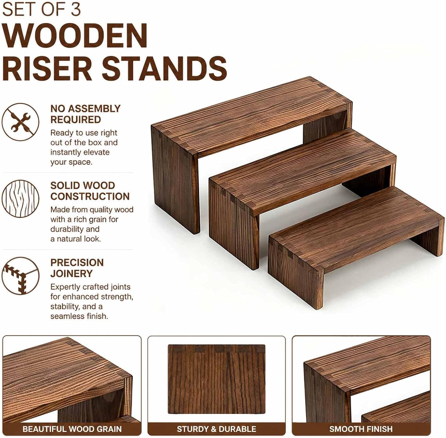 3-Tier Wooden Display Risers, Tiered Display Stand, Shelf Risers for Table Display, Small Wood Display Shelf (1