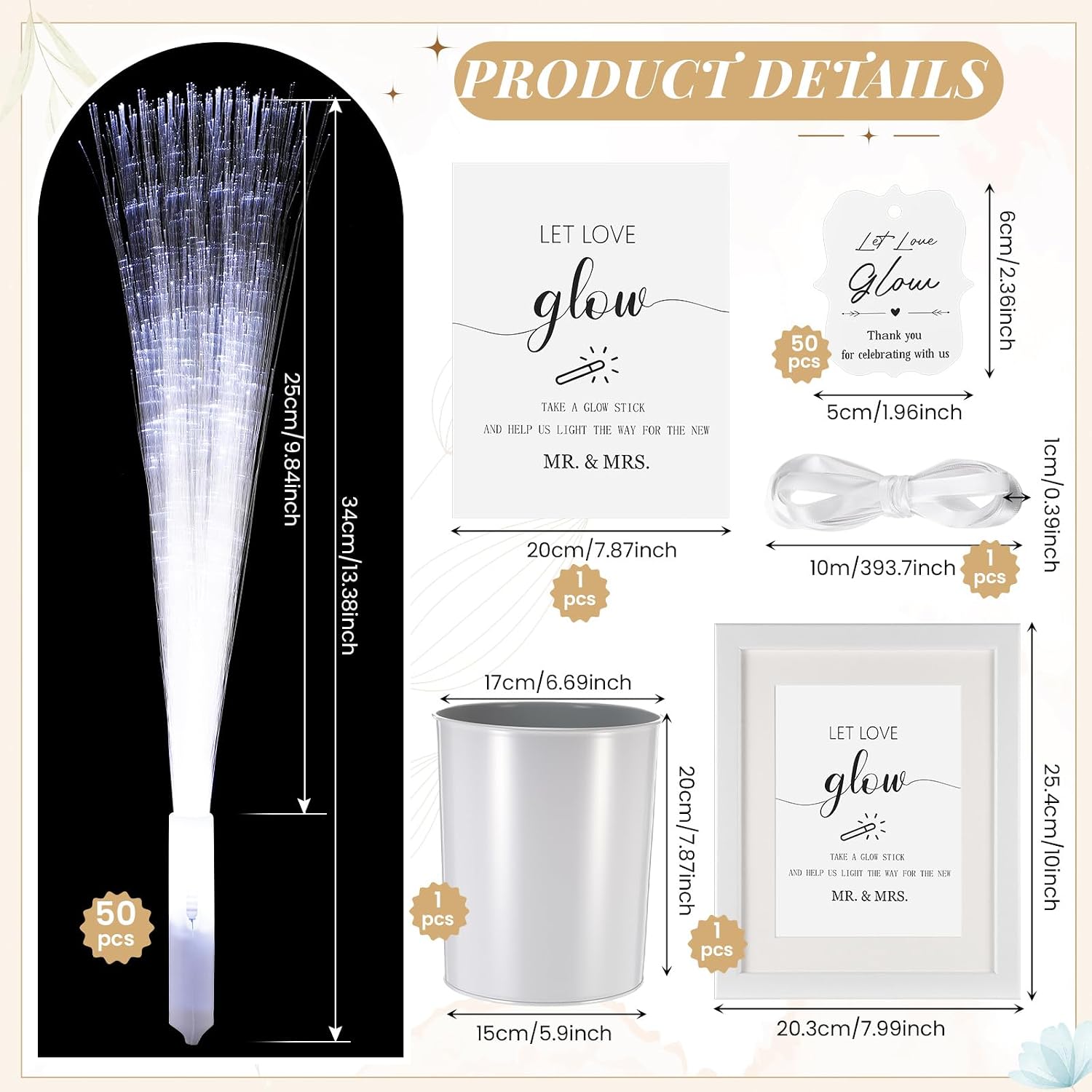 50 Pcs White Fiber Optic Wands, LED Wedding Sparklers