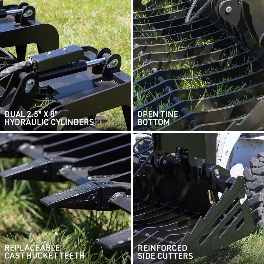 72" Skeleton Rock Grapple Rake with Teeth, Skid Steer Quick Tach Hookup, Fine Grade Tines for Sifting, Side Cutters