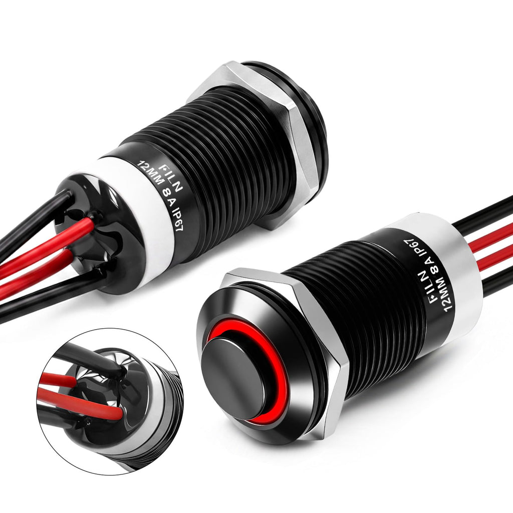 FILN 2PCS 8A 12mm Latching Push Button Switch 12V-24V DC IP67 High Head