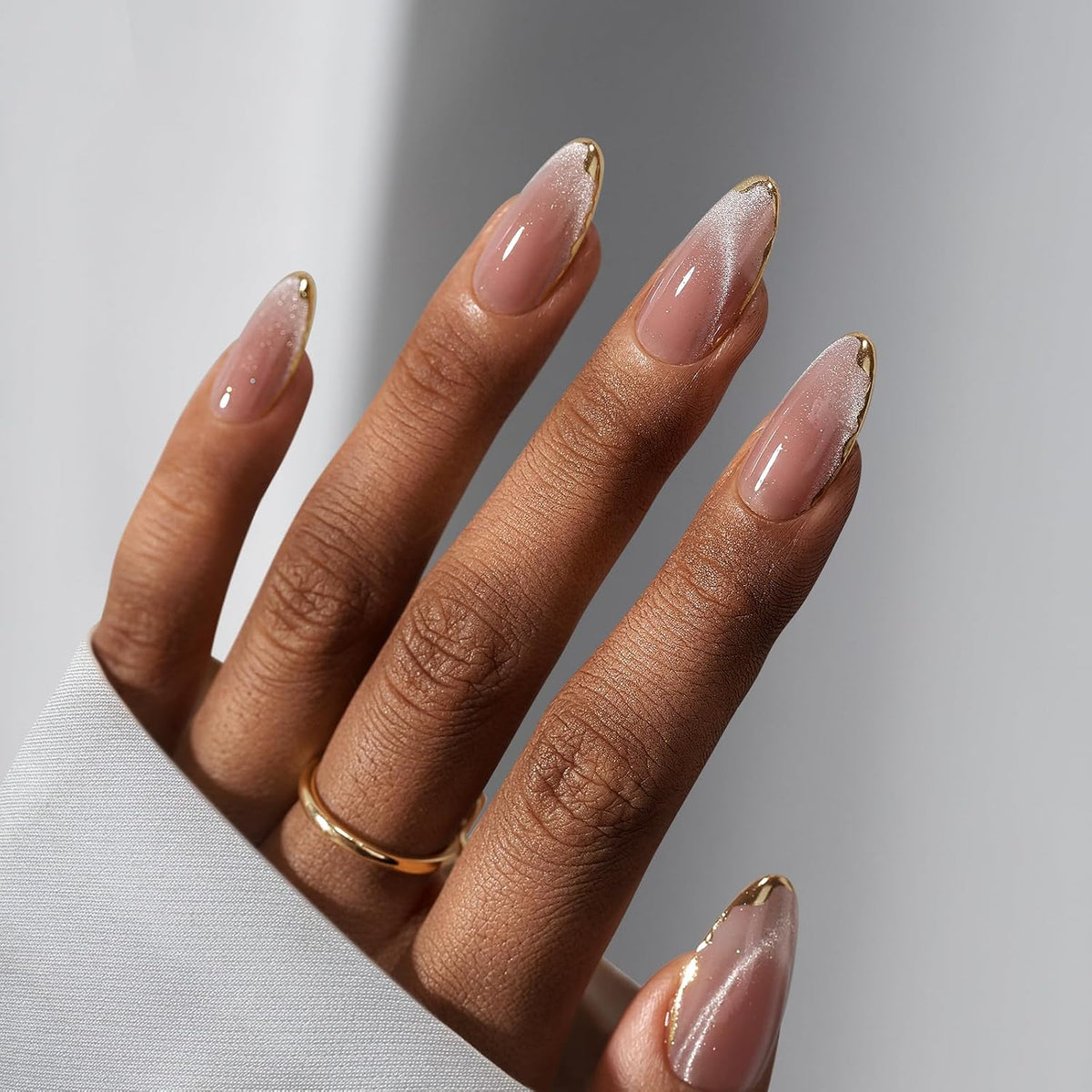 Press On Nails, Medium Almond Nude Fake Nails, 32Pcs Full Kit