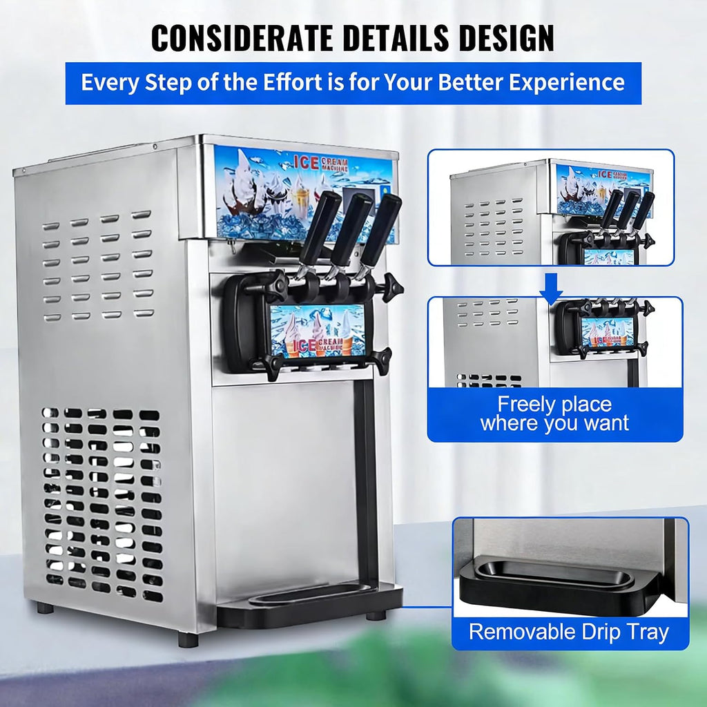 Soft Serve Ice Cream Machine, 18L/H Soft Serve Machine, 1200W Countertop Soft Ice Cream Maker with 3 Flavors LCD