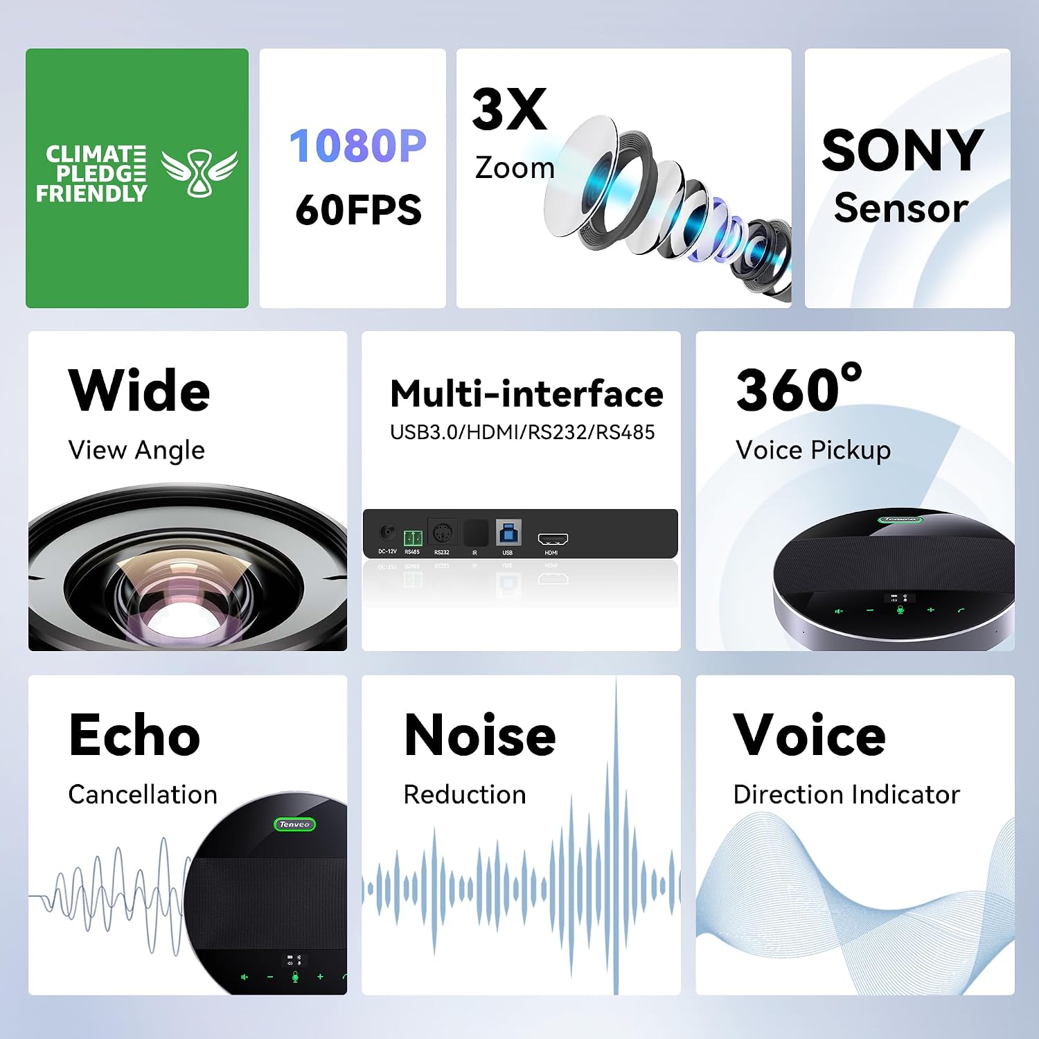 3X Optical Zoom 1080P 60FPS PTZ Conference System with 93°Wide-Angle Lens and MagiCall Bluetooth Speakerphone, Video