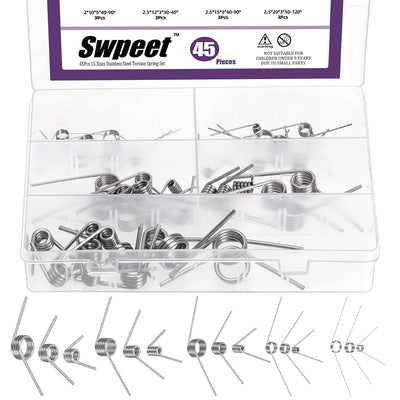 45Pcs 15 Sizes 45/90/120 Degree Stainless Steel Torsional Springs Assortment Kit, Mechanical Small Torsion Spring for