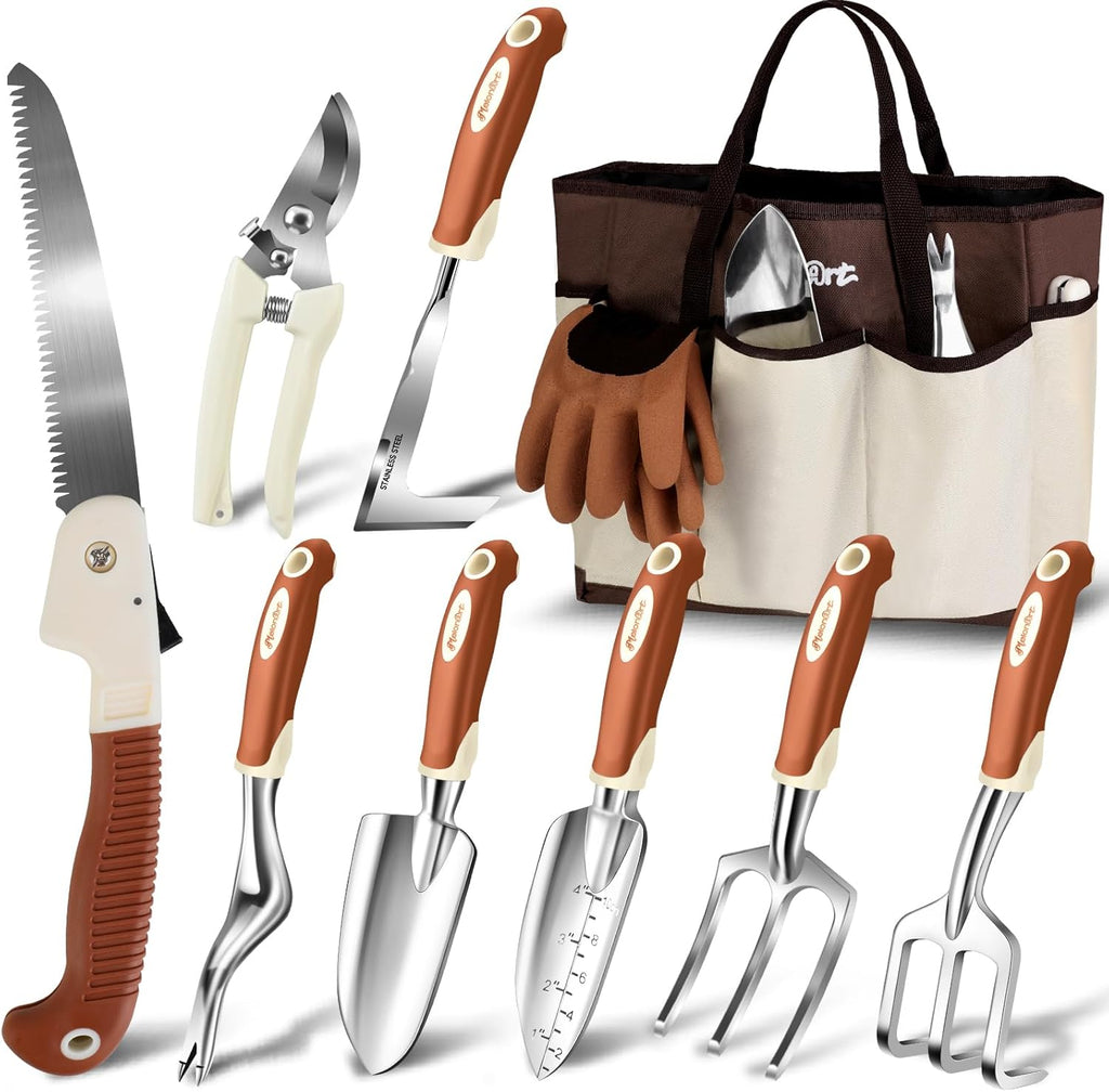 Garden Tool Set,10 Pcs Heavy Duty Gardening Hand Tool Kit for Women Aluminum with Non Slip Ergonomic Handle, Storage