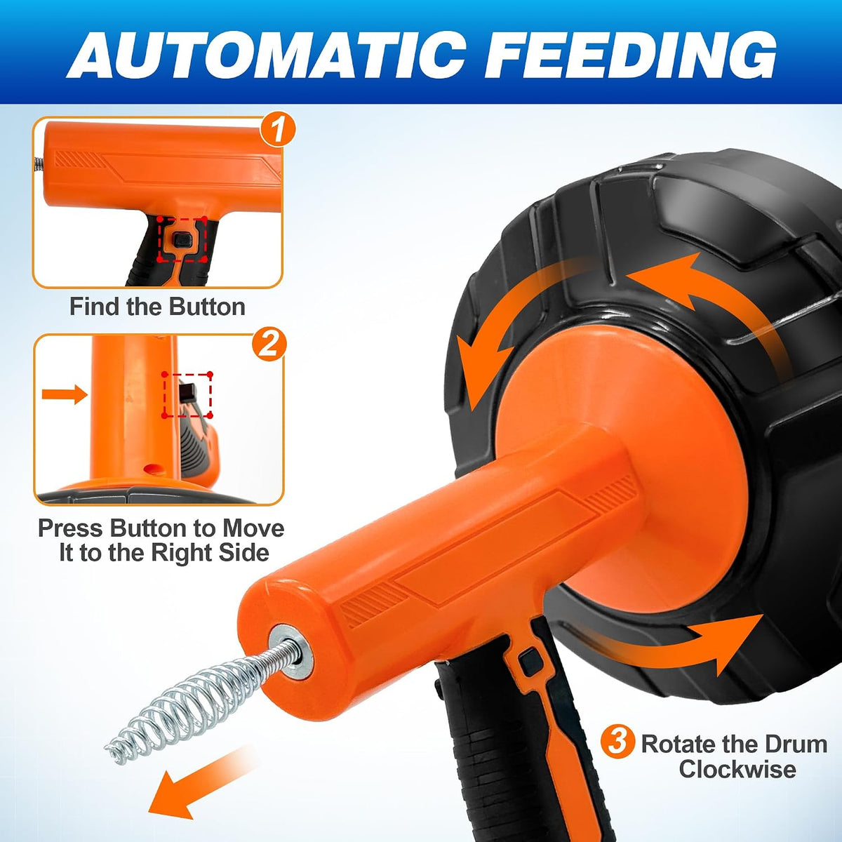 Drain Auger 33Ft, Auto-Feed Drain Snake Hair Drain Clog Remover, Orange | Drill Adapter for Quickly Unclogging, Long