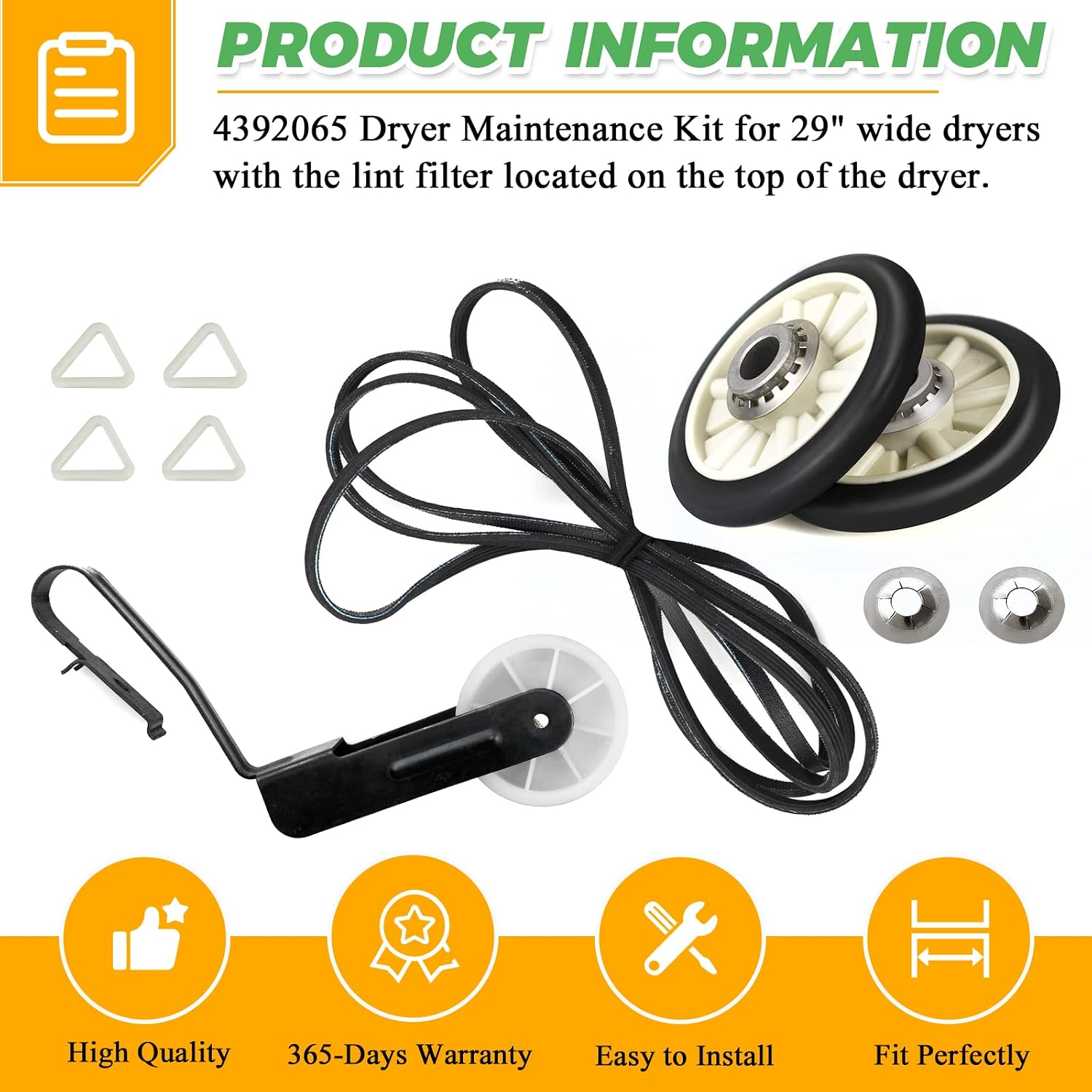 4392065 Dryer Repair Kit with 349241T Drum Roller Kit, 691366 Idler Pulley and 341241 Belt by Techecook - Replacement