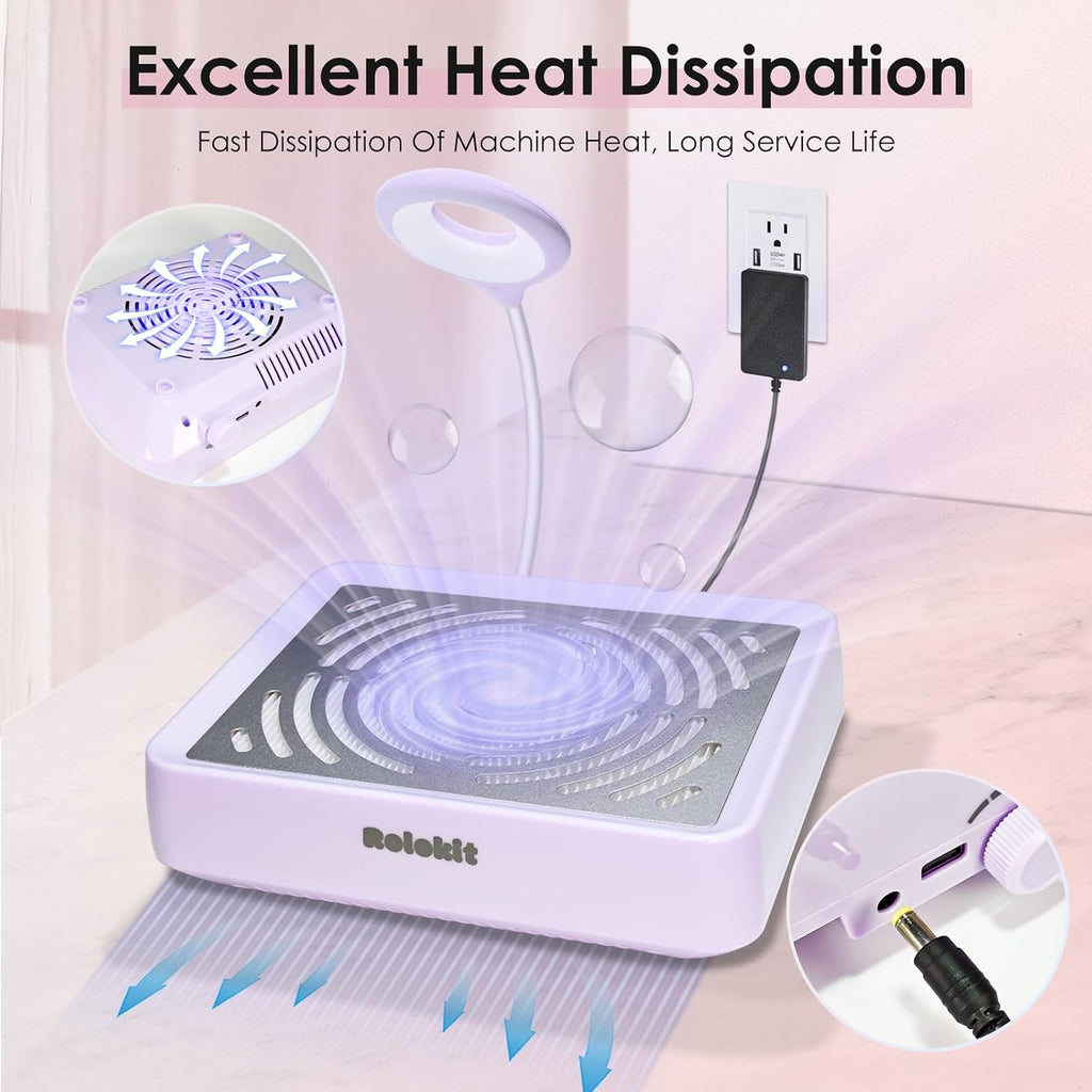 Nail Dust Collector with Lamp&50pcs Disposable Filter&Dusting Brush, Electric Nail Vacuum Cleaner Dust Fan Suction