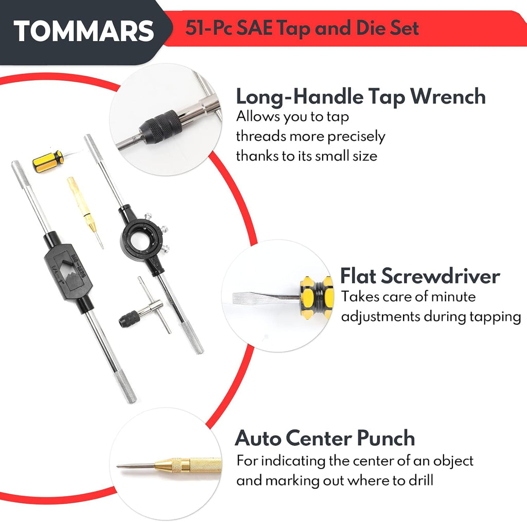 TOMMARS 51Pcs Jumbo Tap and Die Set, 1/4-20 to 1-14 SAE Threading