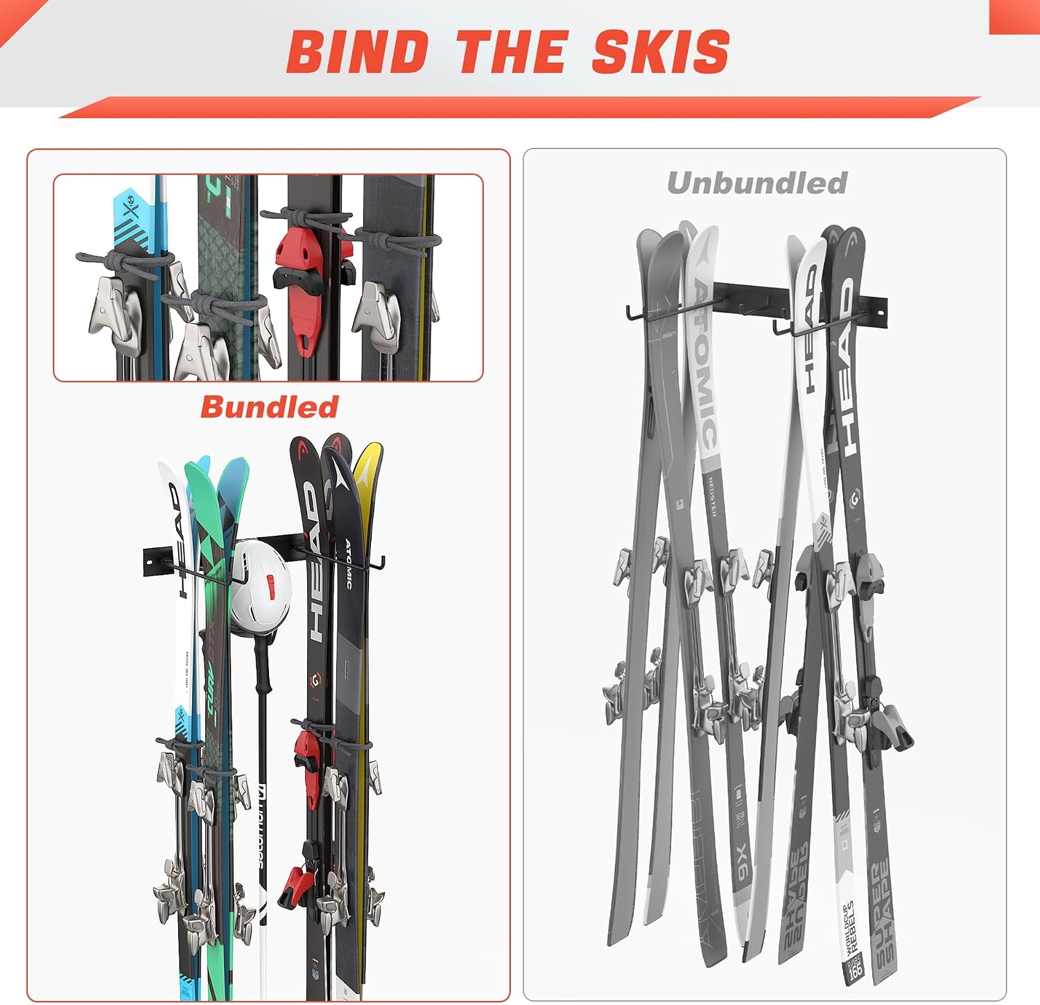 Wall Mounted Ski Rack, Indoor Ski Hangers for Garage | Ski Storage for Home, One-piece Design, Wall Mount Ski Holder