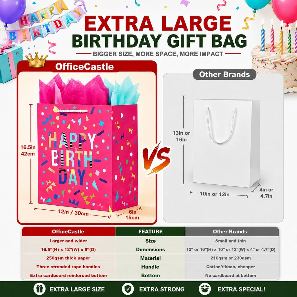 Extra Large Birthday Gift Bags, 2 Pack, 16.5 x 6 x 12 Inch