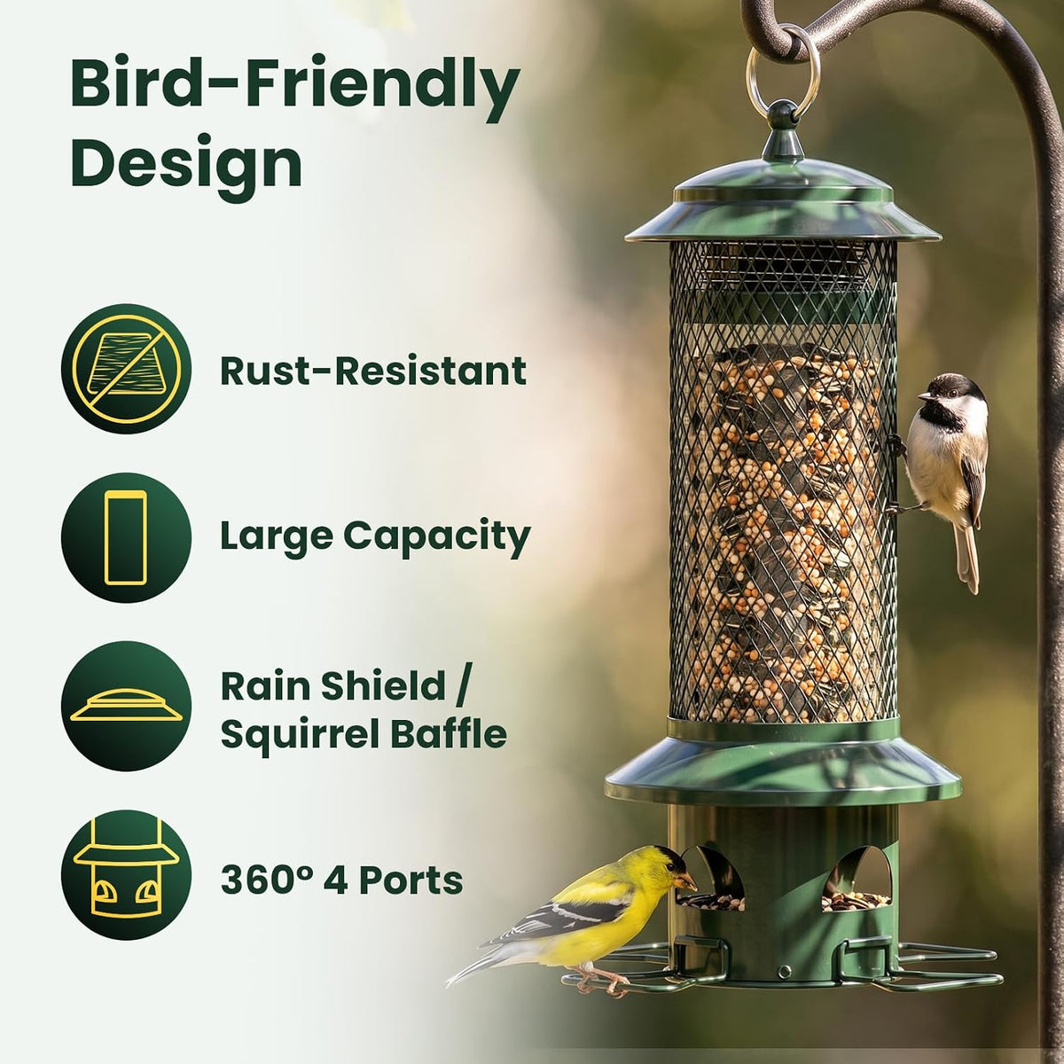 Squirrel Proof Bird Feeders for Outdoors - 4 Port Hanging Metal Bird Feeder with Gravity Spring, Upgraded Metal