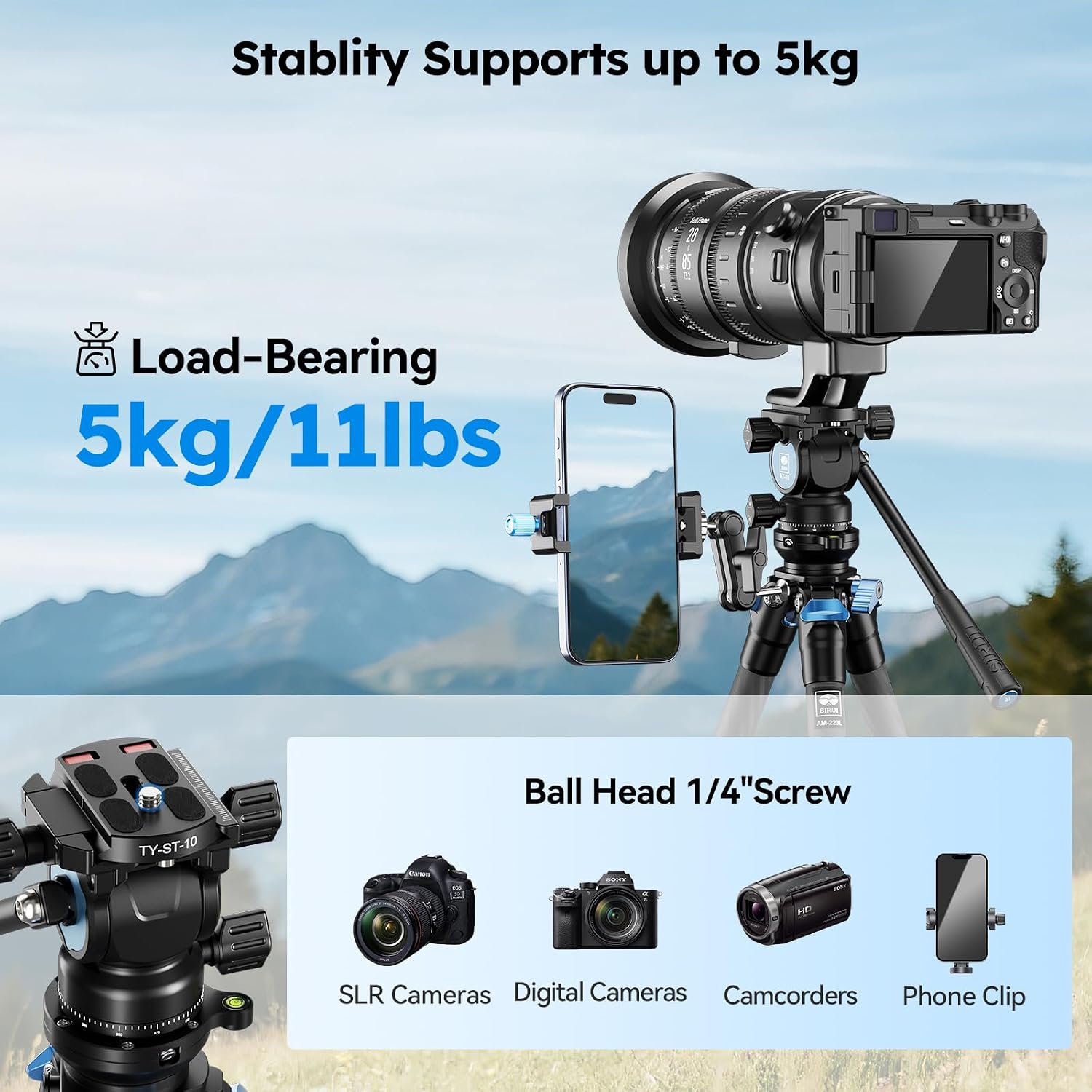 AM-223L+AT-10 Carbon Fiber Tabletop Video Tripod Kit, Fluid Head | 11LB Load, Compact, Lightweight, DSLR, Mirrorless