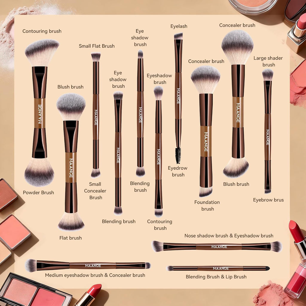13 Pcs Foundation Makeup Brush Set With Bag, Make up Brushes, Double-End Multi Functional Makeup Brushes