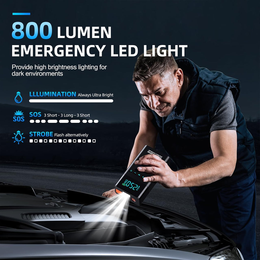 10-in-1 Portable Car Battery Jump Starter with Air Compressor, 6000A 160PSI Portable Car Jumper Starter (All Gas 12L