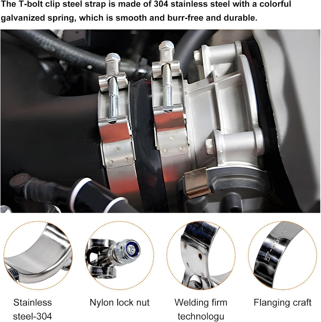 4PCS 2" T-Bolt Hose Clamp, Stainless Steel Tube Clamp with 57mm-65mm ID Range, Heavy-Duty Adjustable T-Bolt Turbo