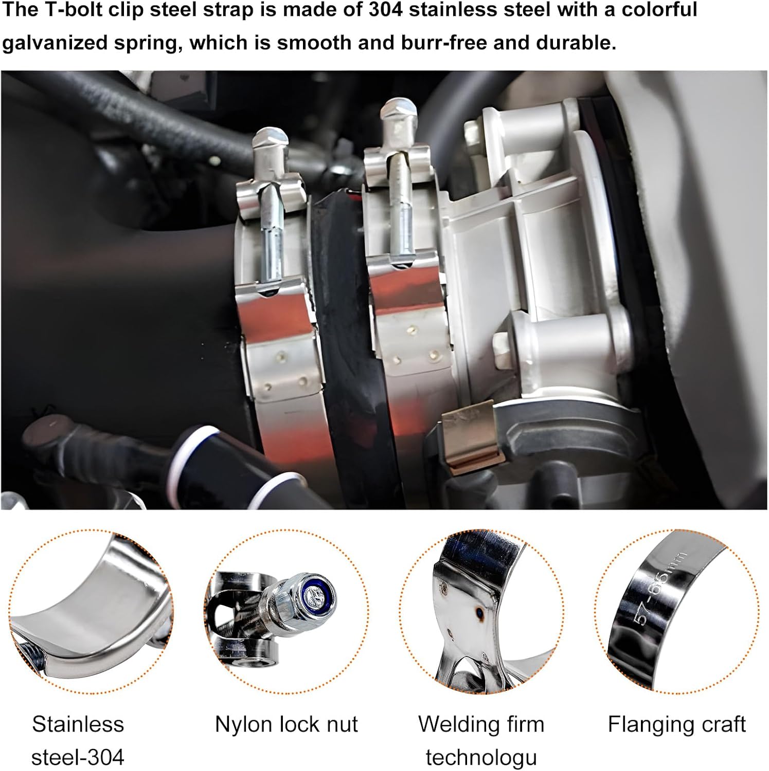 4PCS 2" T-Bolt Hose Clamp, Stainless Steel Tube Clamp with 57mm-65mm ID Range, Heavy-Duty Adjustable T-Bolt Turbo