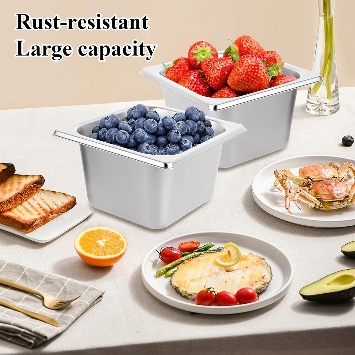 6PCS Hotel Pans Stainless Steel Steam Table Pan Restaurant Supplies 1/6 Size x 4 inch Deep Stainless Steam Table