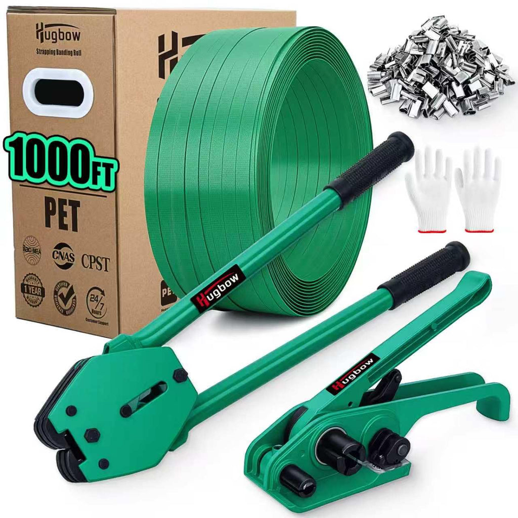 Banding Strapping Kit, Heavy Duty Pallet Packaging Kit with >1500lbs 5/8" x 1000' PET Strapping Roll, 100 Metal