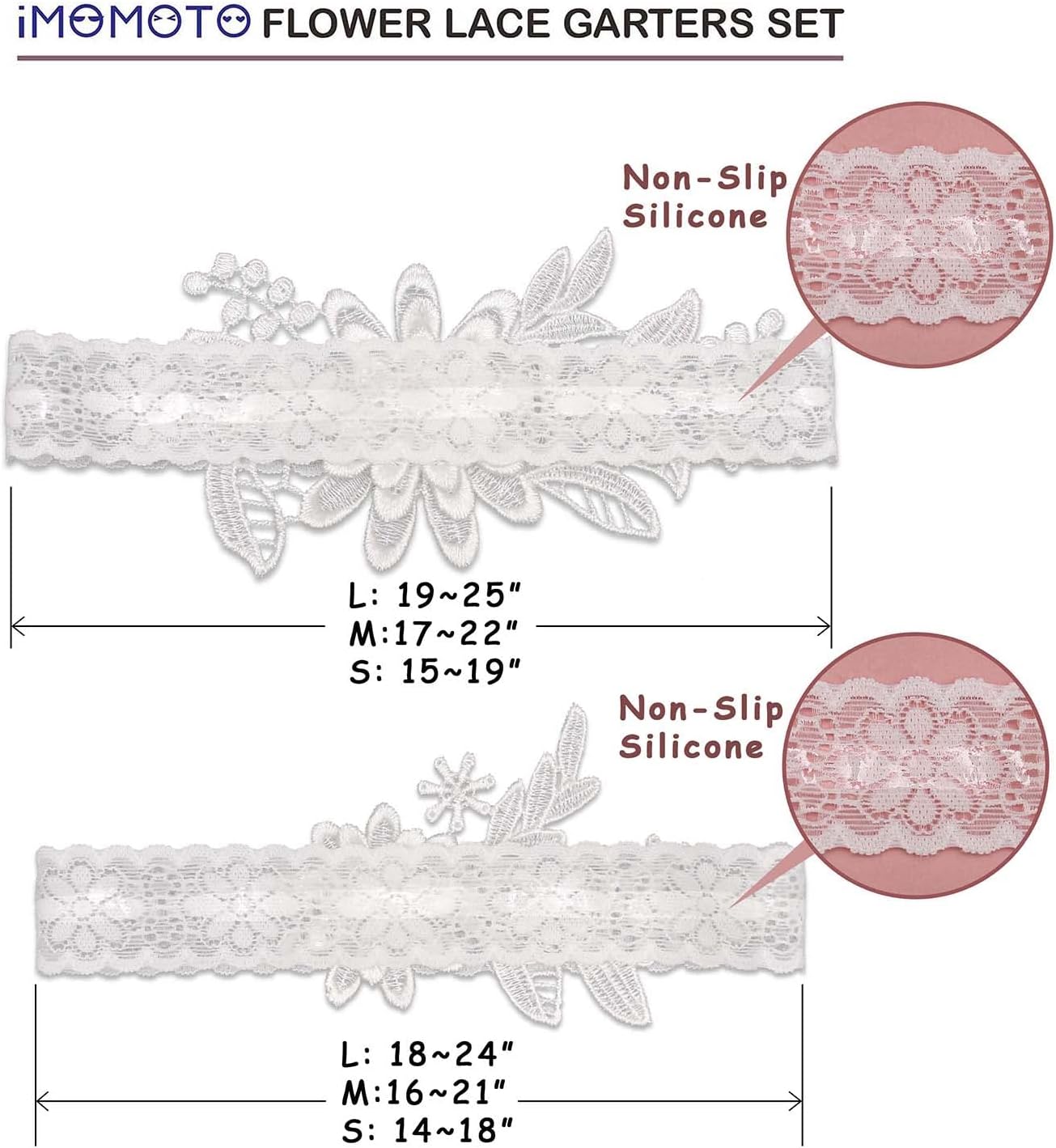 White Wedding Garters for Bride, Non Slip Silicone Lace Bridal Garters Set with Pearls Plus Size