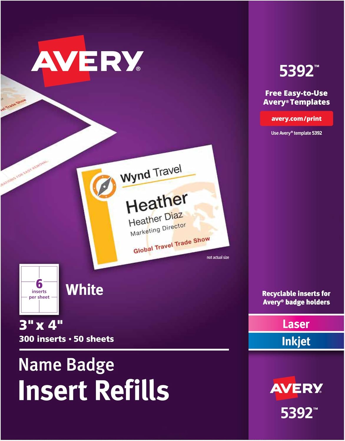 Customizable Name Badge Inserts for Name Tag Holders, 3" x 4", White, Laser/Inkjet Printable, 300 Inserts Per Pack