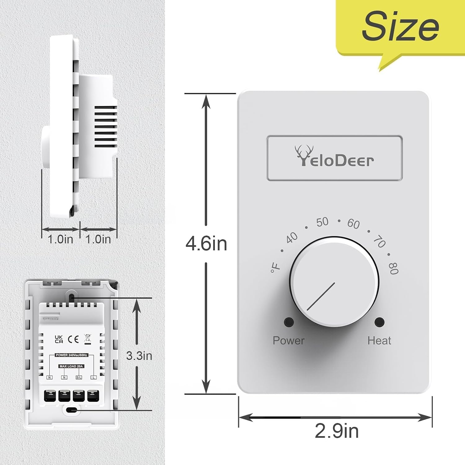 240V Only 4-Wire Manual Electric Baseboard Heater Thermostat | Line Voltage Controller, Single Pole Dial Wall Mount