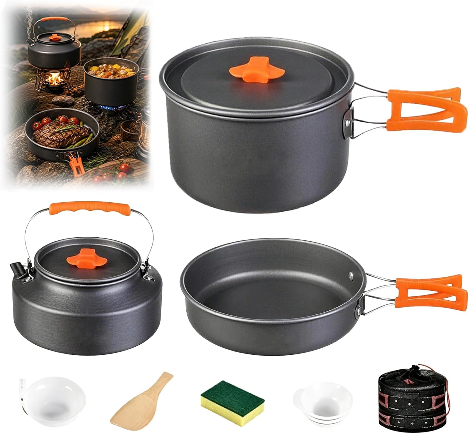 Camping Cookware, 10-Piece Non-Stick Foldable Mess Kit with Kettle | Crafted from durable anodized aluminum;