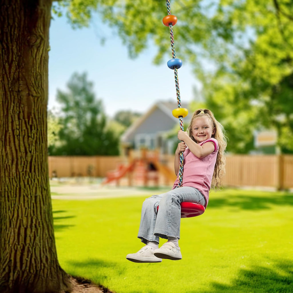 Tree Swing for Kids - Single Disc Seat and Rainbow Climbing Rope Set w/Carabiner and 4 Foot Strap - Treehouse and