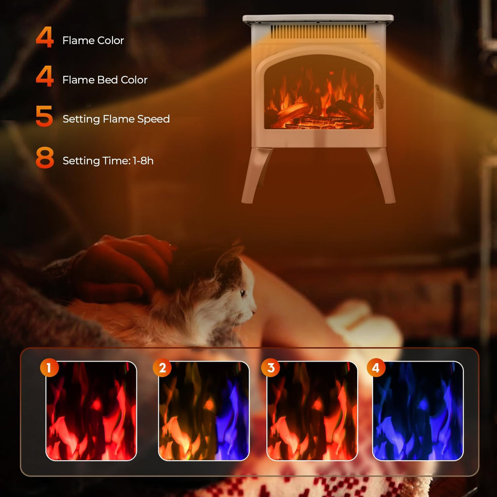 Electric Fireplace Heater 17" with Remote Control, Metal, Beige | Cathedral Stylish, Freestanding, Realistic Flame