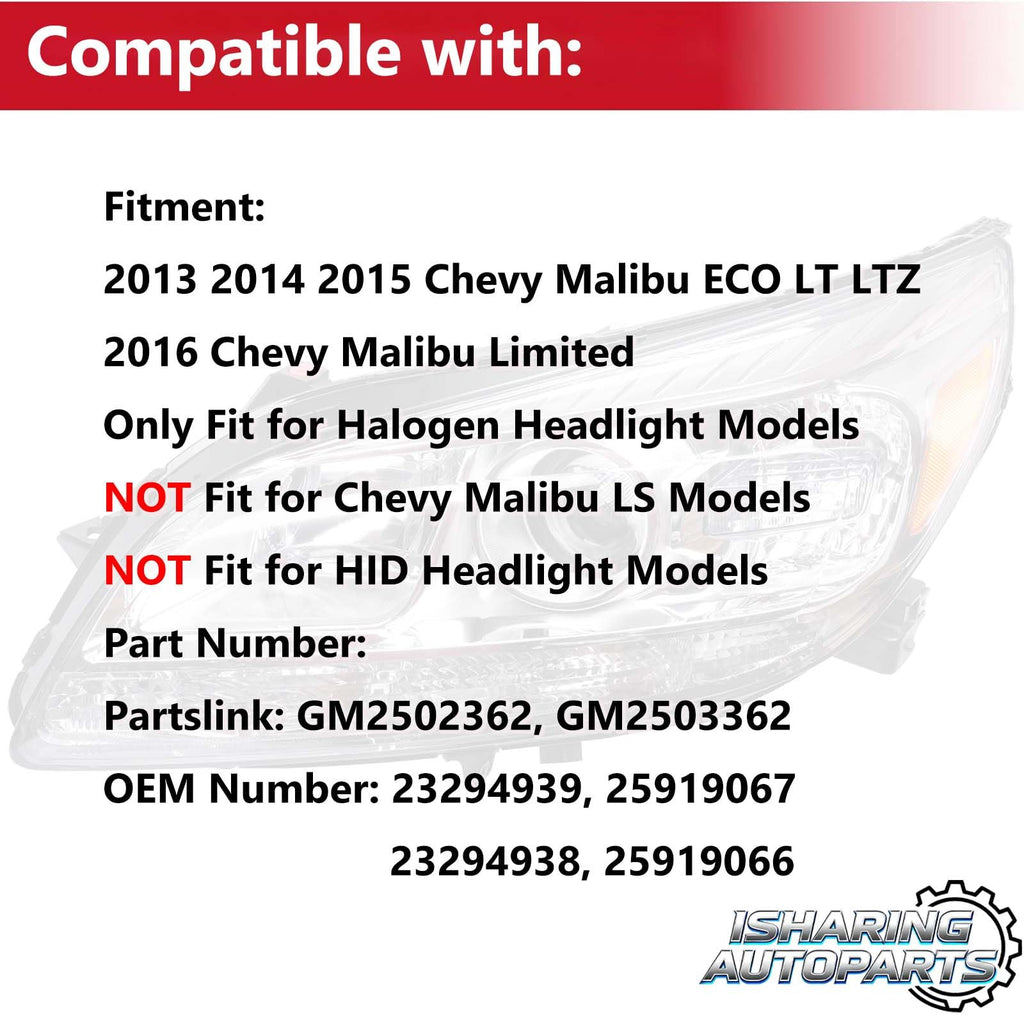 Headlights Assembly for 2013-2015 Chevy Malibu, 2016 Malibu Limited