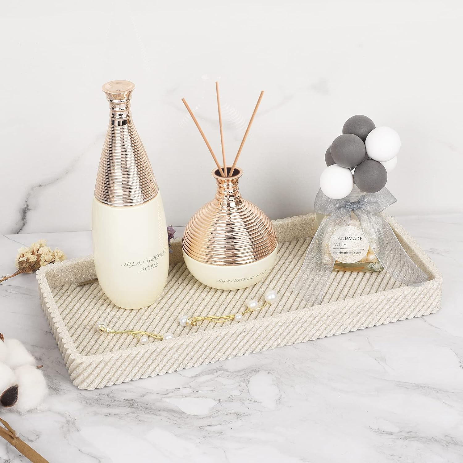 Beige Bathroom Accessories Set 4 Pcs - Toothbrush Holder,Lotion Soap Dispenser,Qtip Holder Dispenser,Vanity Tray for