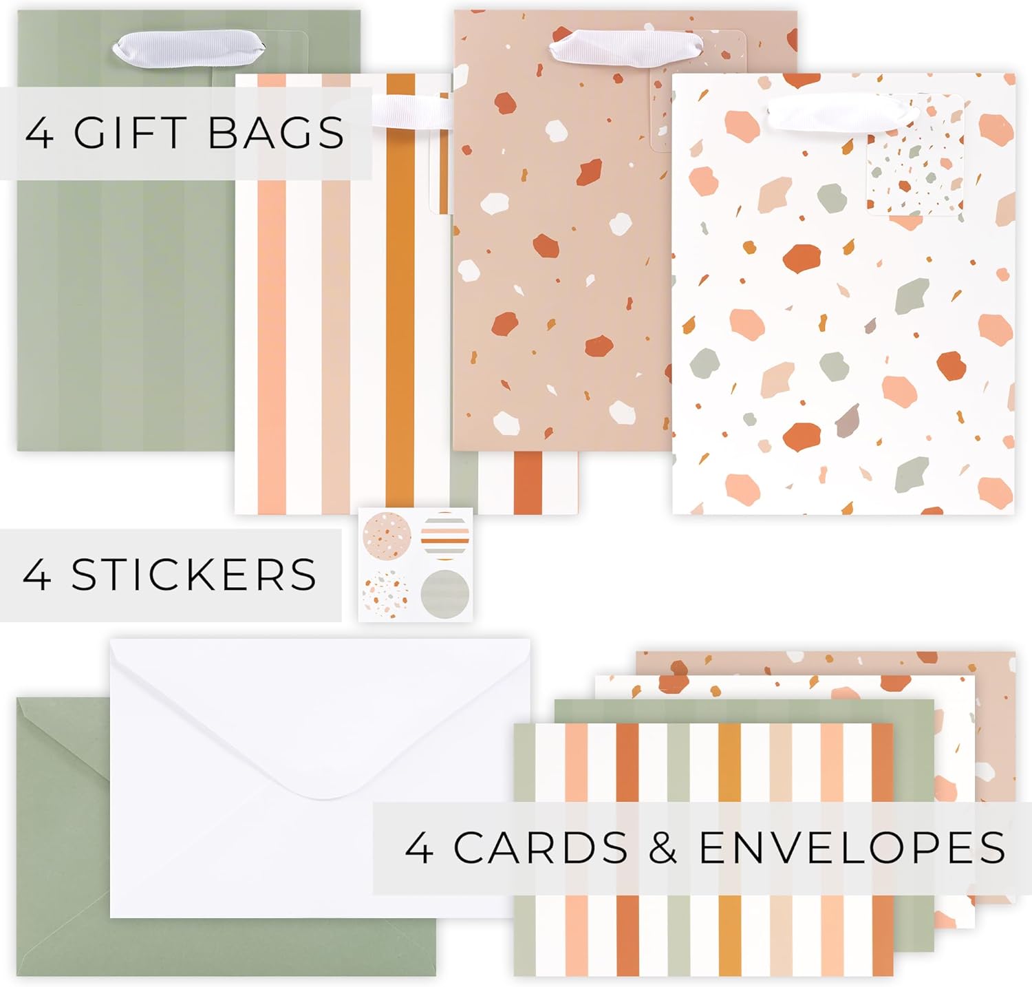 Beautiful Gift Bags Set of 4 - Medium Sized 9" Bags with Handles incl. Matching Tissue Paper, Cards & Small Stickers