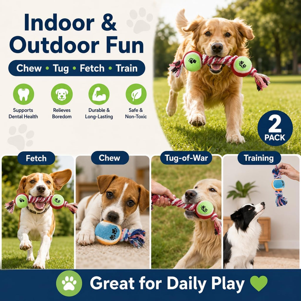 Rope Tennis Ball Toys for Aggressive Chewers, Durable Cotton Rope Tennis Ball Chew Toys for Small, Medium Dogs