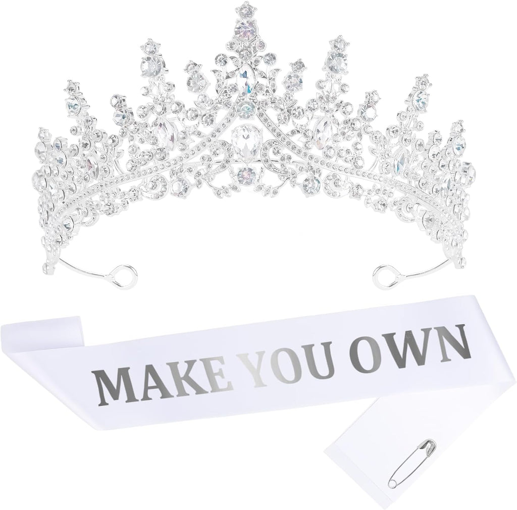 Custom Sash with Crown White Blank Satin Sash For Women Girls Birthday Prom Pageant Bride to Be Make Your Own