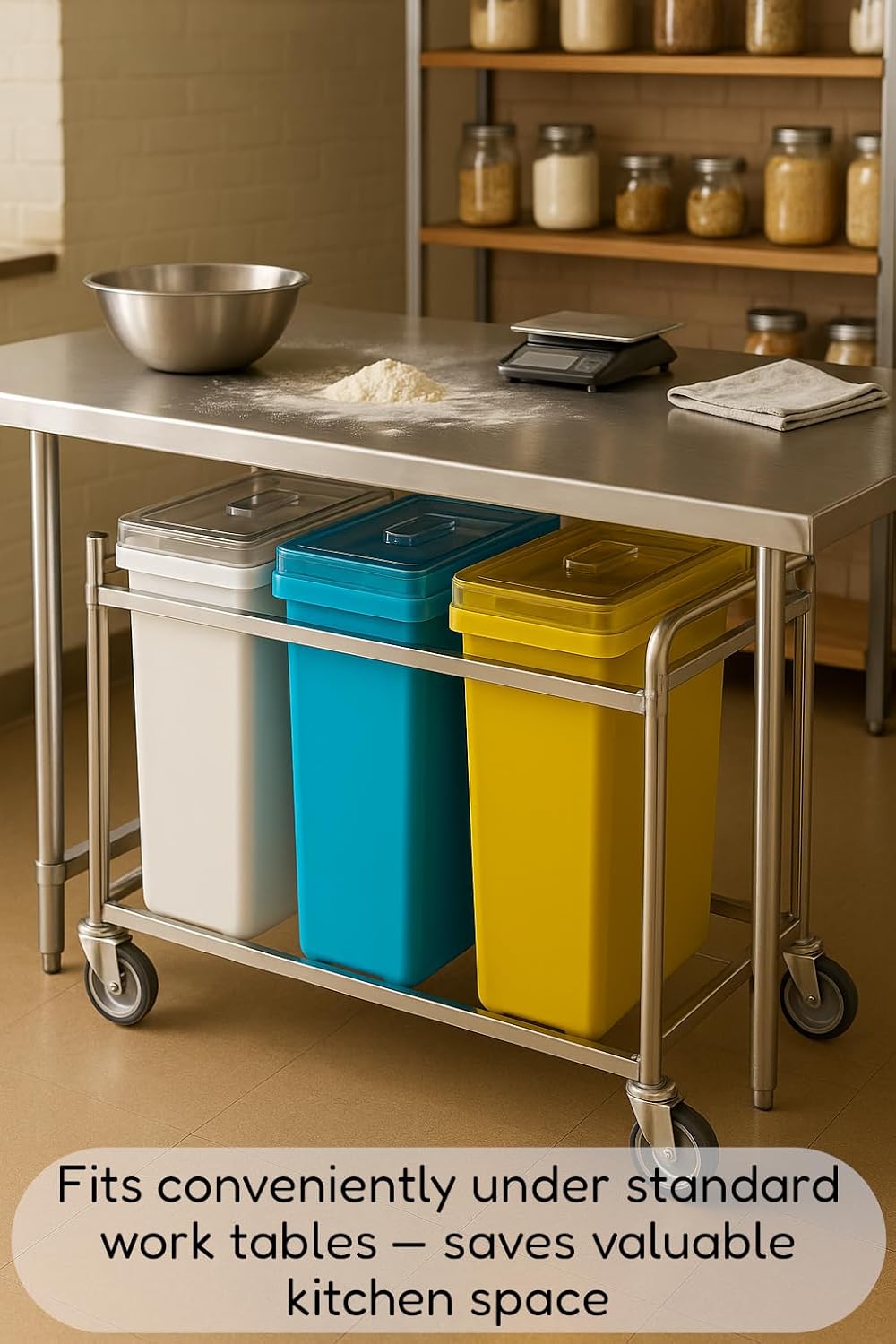 30-Gallon Mobile Triple Ingredient Bin with 3 Clear 24 oz Scoops – Three Color-Coded Containers on Casters for