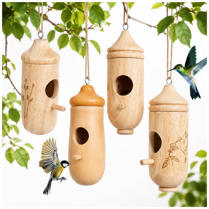 4 Pack Wooden Hummingbird Houses for Outside Hanging Nest