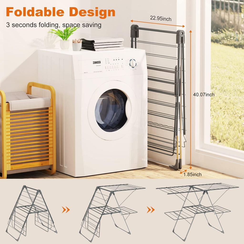 Clothes Drying Rack Foldable, 2-Level Large Laundry Drying Rack Collapsible, Stainless Steel Drying Rack Clothing for
