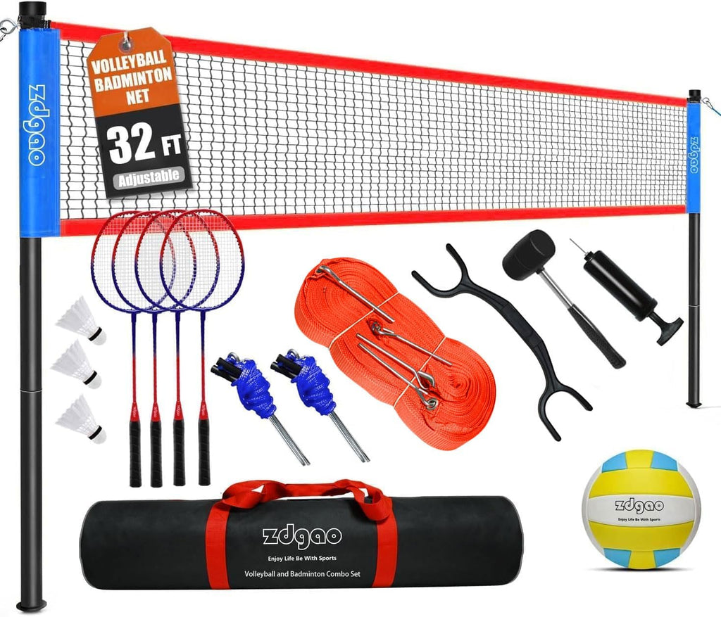 20FT/32FT Volleyball & Badminton Combo Sets for Backyard | Adjustable Height Poles System, Anti-Sag Net, Volley ball