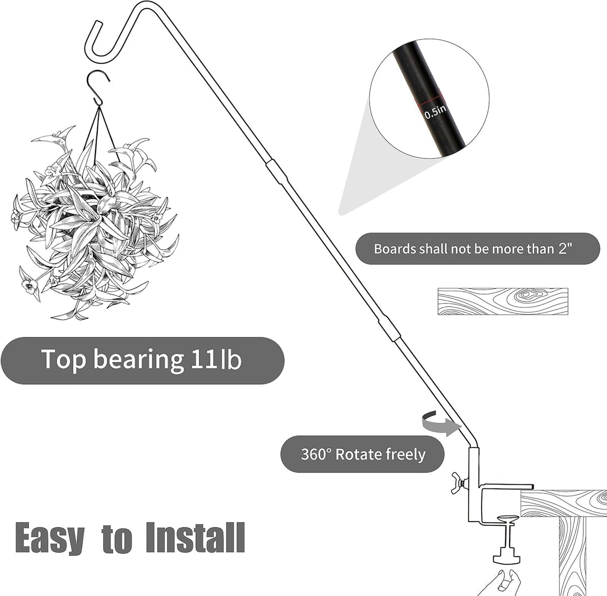 2 Pack Heavy Duty Deck Hook with 2 Inch Non Slip Clamp, 25 or 36 Inch Extended Reach Deck Hook, Adjustable Rail Pole