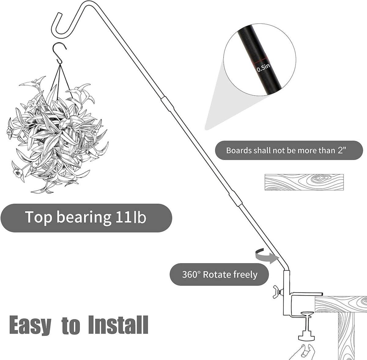 Heavy Duty Deck Hook with 2 Inch Non Slip Clamp, 25 or 36 Inch Extended Reach Deck Hook, Adjustable Rail Pole Plant